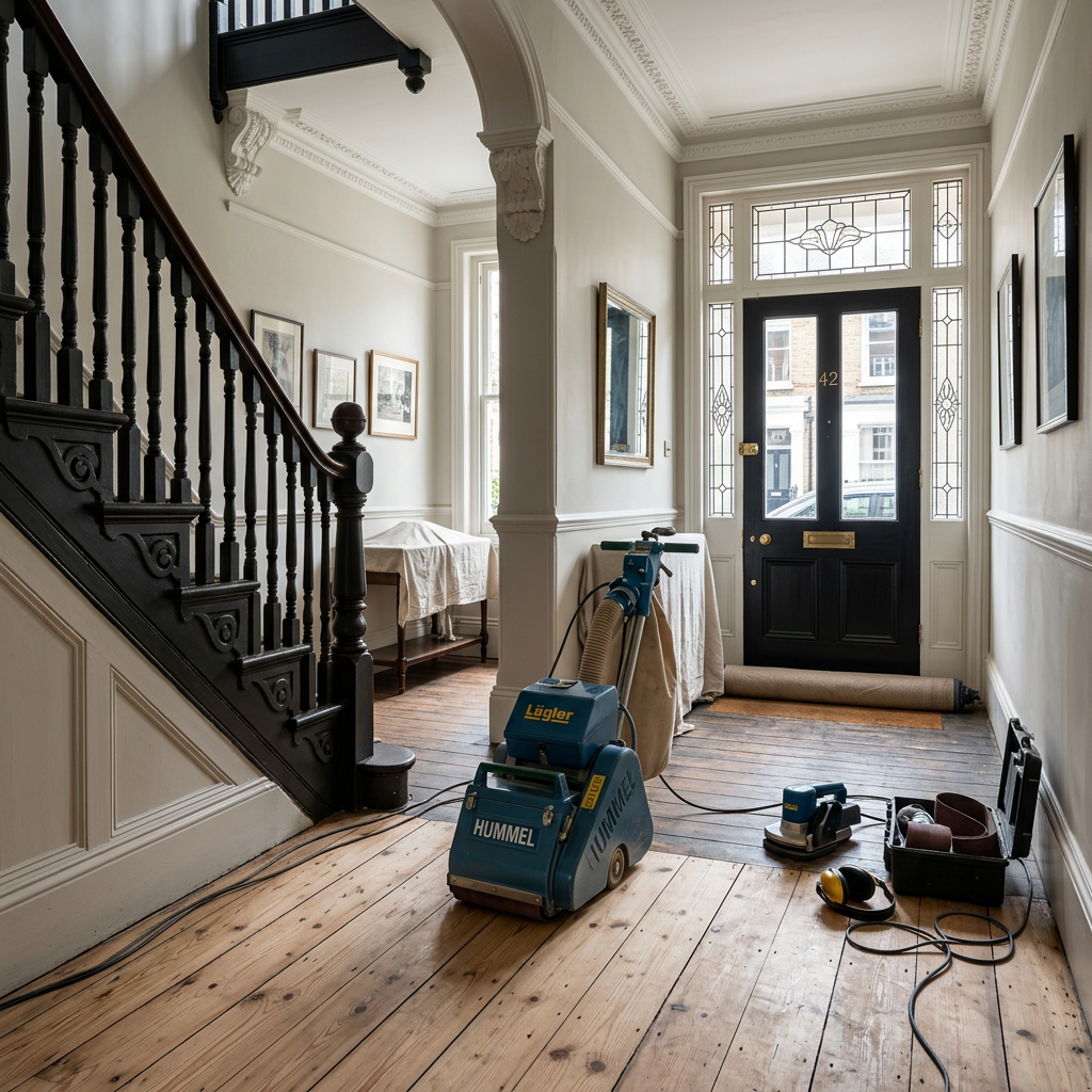 Professional dust-free floor sanding setup in a Victorian hallway in Tonbridge, featuring a Lagler Hummel on original pine floorboards.
