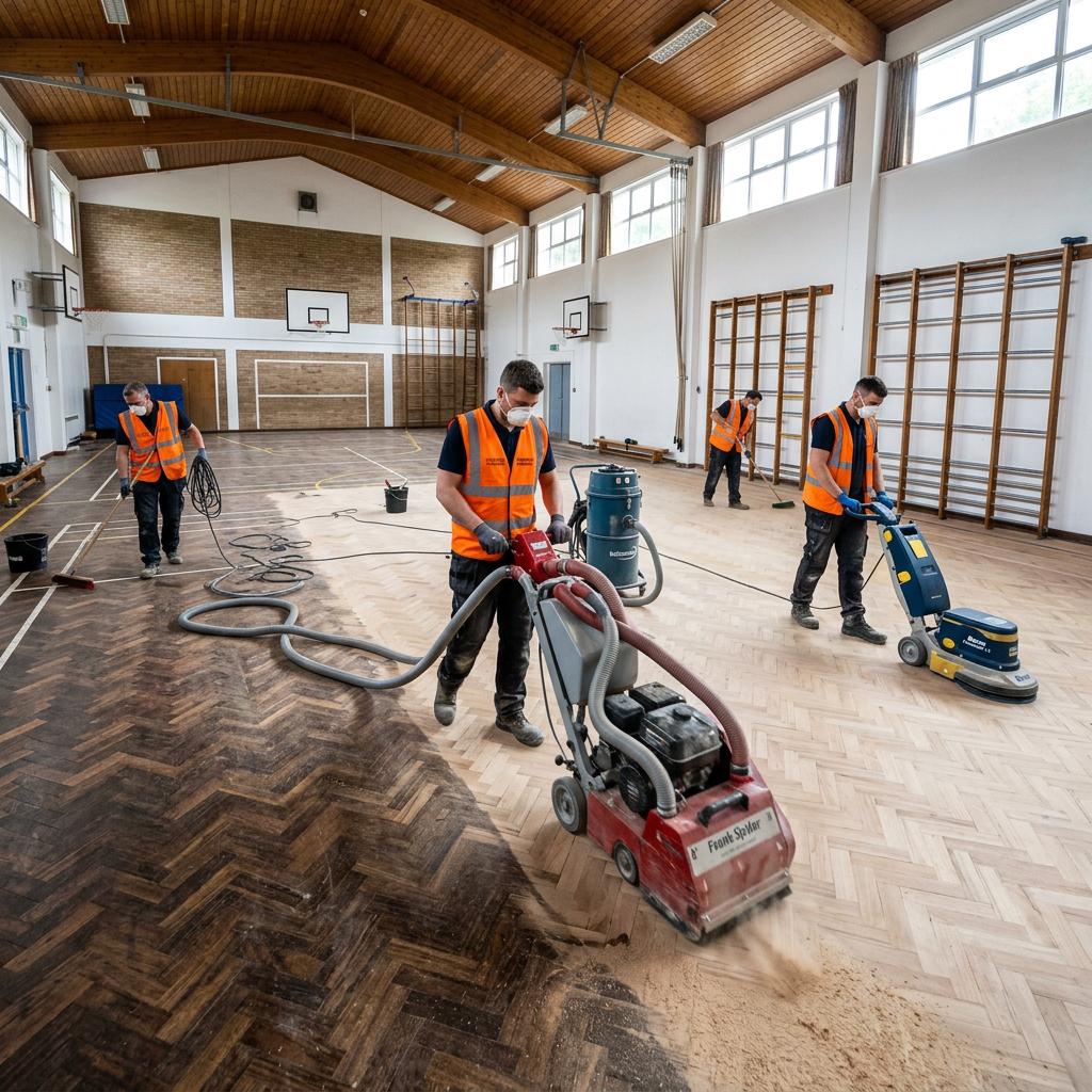Tradesmen refurbishing a large parquet sports floor in a British school hall with Bona Flexisand.