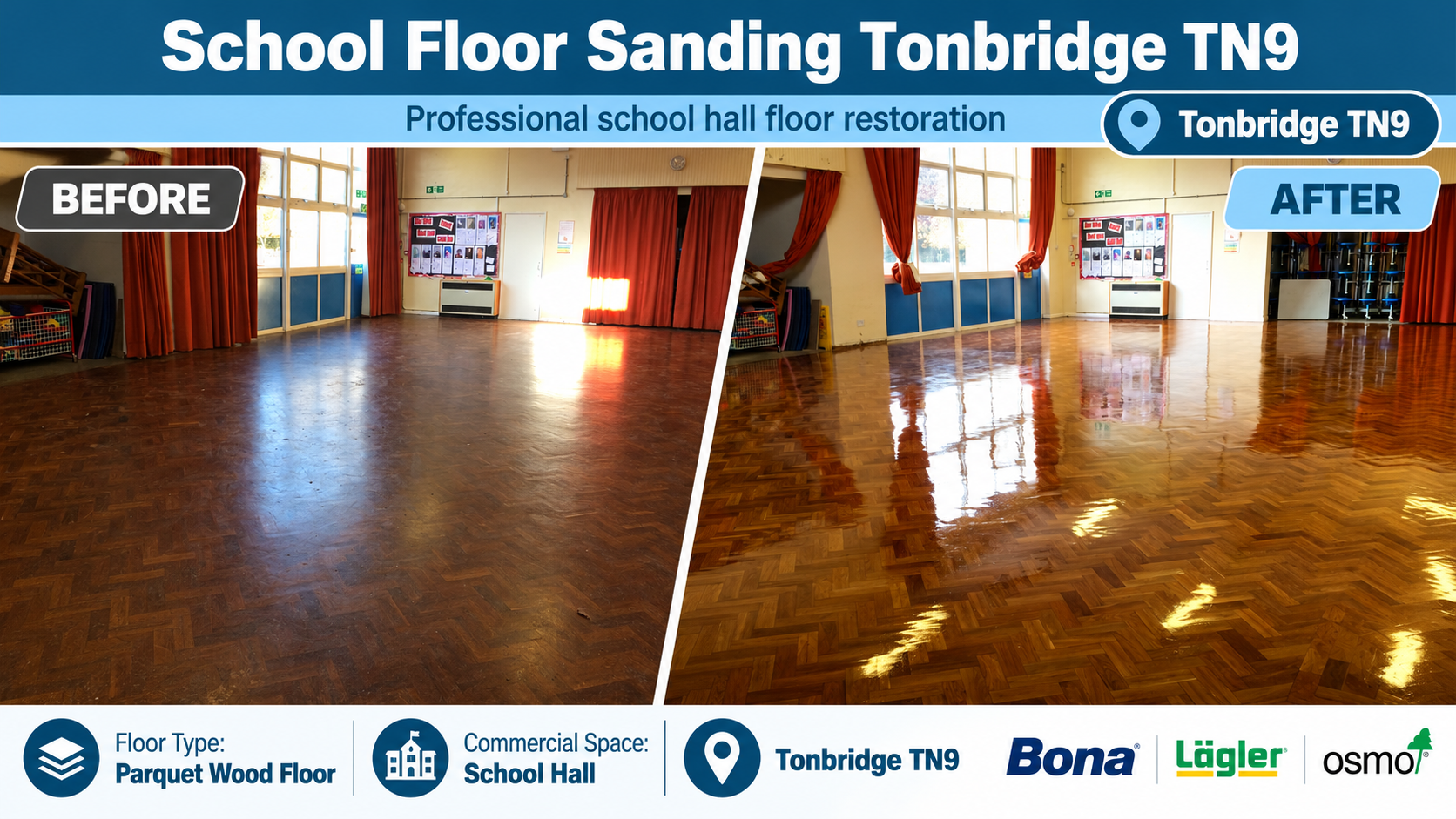 Before and after school hall parquet floor sanding in Tonbridge TN9, showing worn wooden flooring transformed into a beautifully restored, glossy parquet floor.