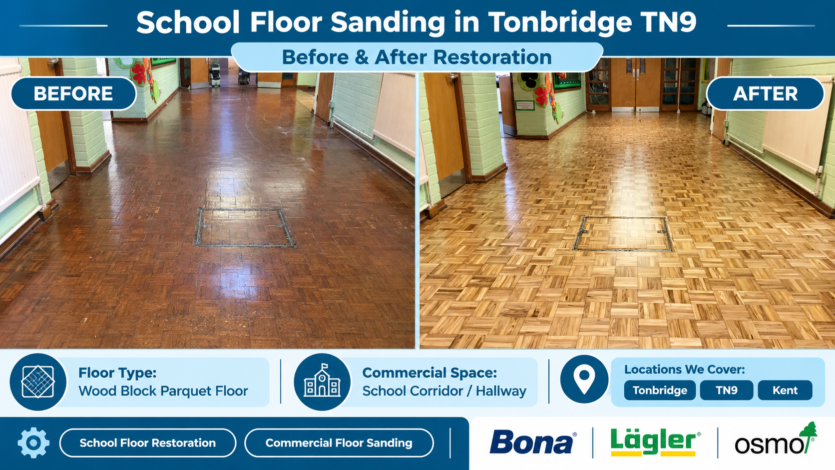 Before and after comparison of school wood block parquet floor sanding in Tonbridge TN9, showing a worn school corridor transformed into a bright, professionally restored timber floor.